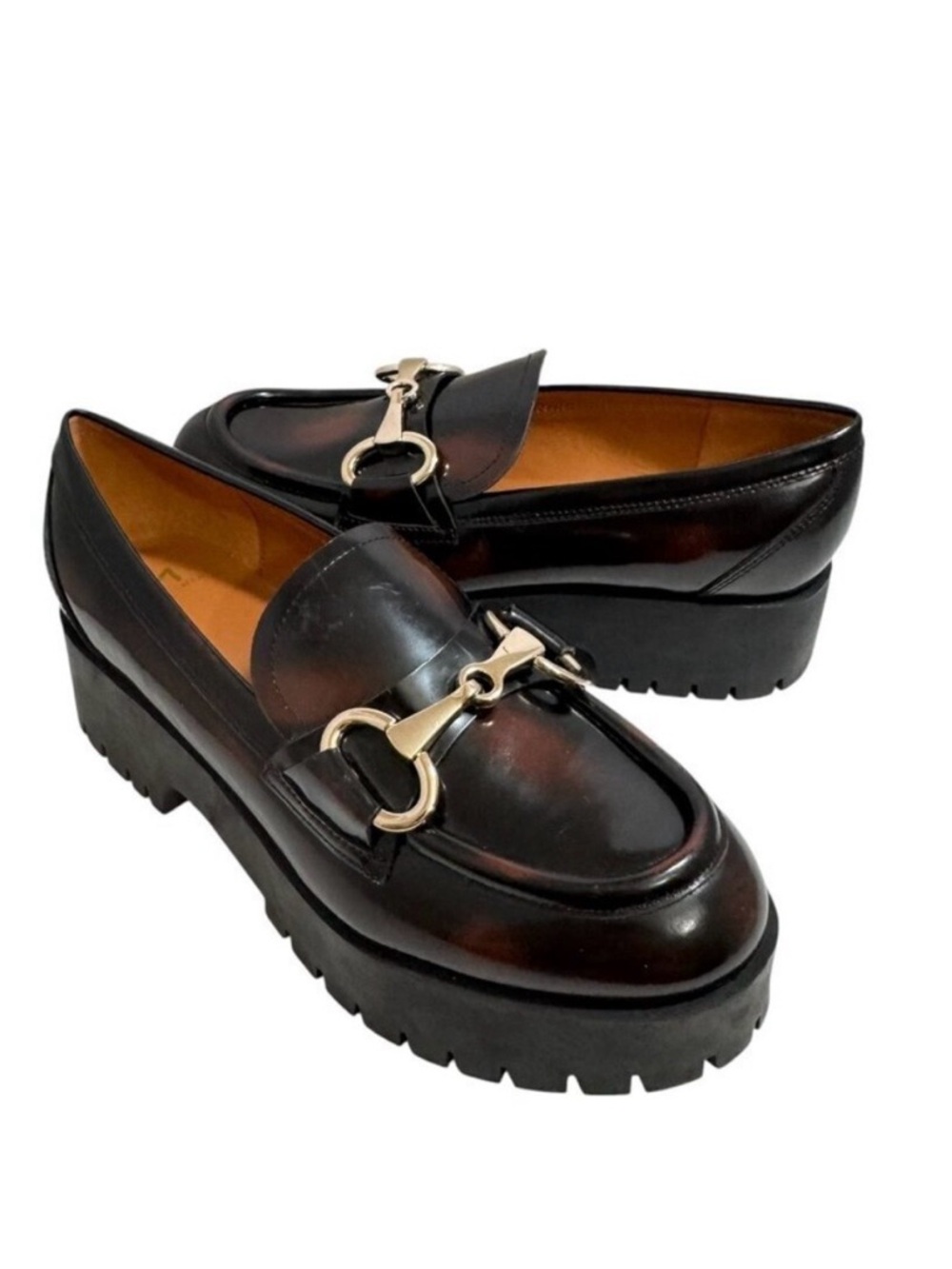 Marc Fisher Wilmer Platform Leather Horse Bit Loafer Black Chunky Sole Size 9.5